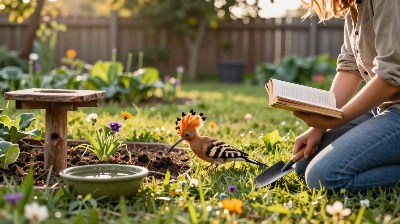 Frau kniet im Garten, liest Buch und beobachtet bunten Wiedehopf-Vogel neben Blumenbeet und Vogelnäpfen.