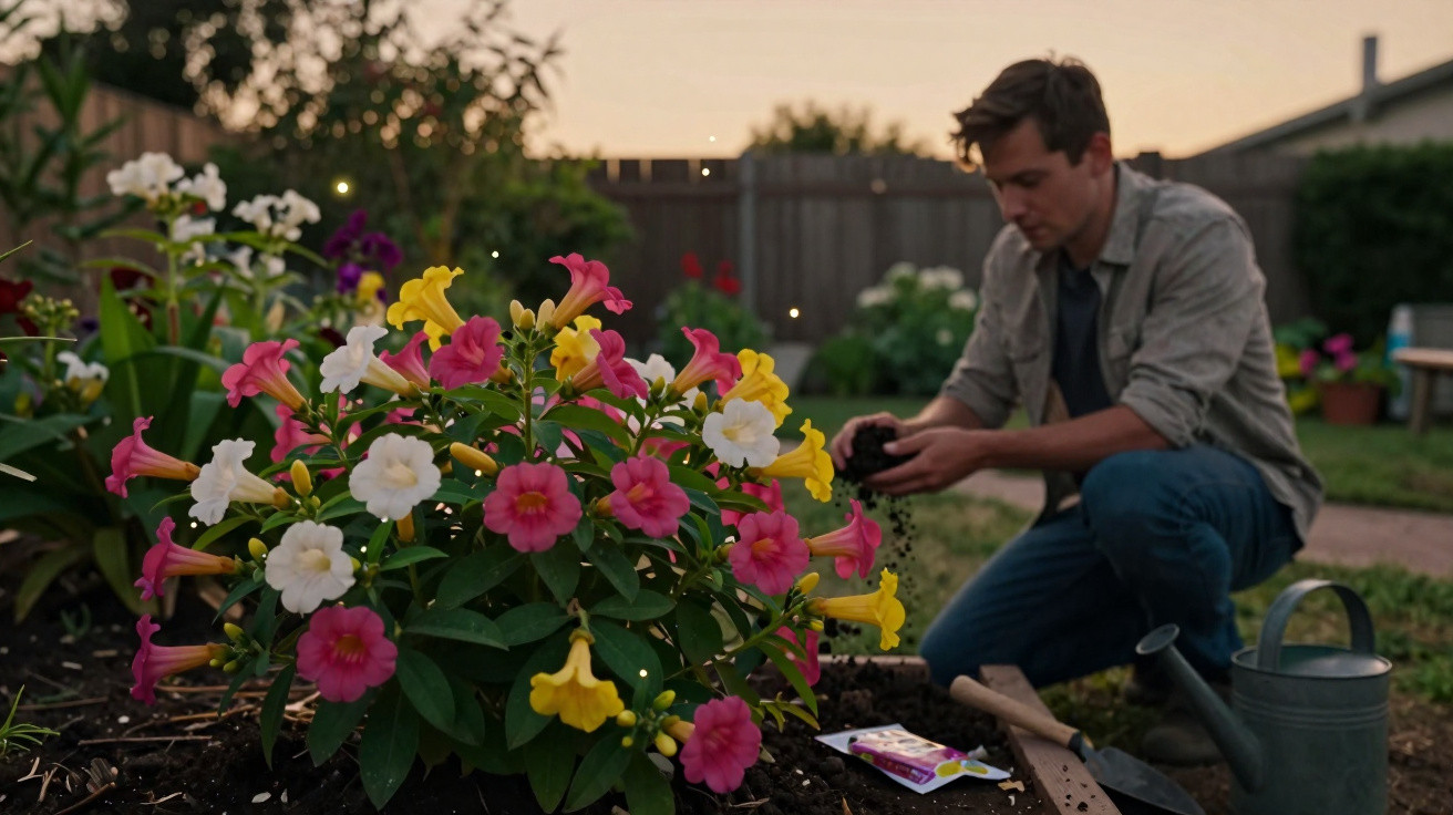 Mann gießt Blumen im Garten bei Sonnenuntergang mit Schaufel und Gießkanne neben ihm.