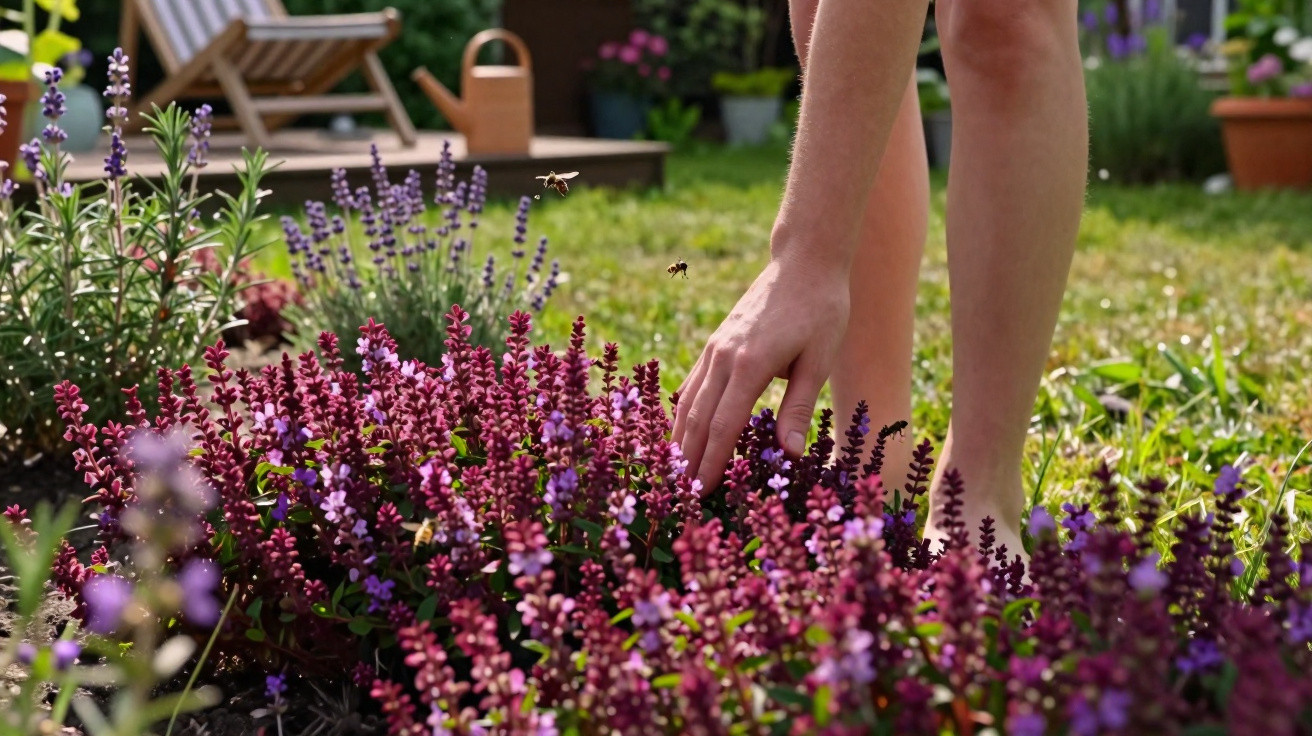 Hand berührt lila Blüten in einem Garten mit Bienen und Gartengerät im Hintergrund.
