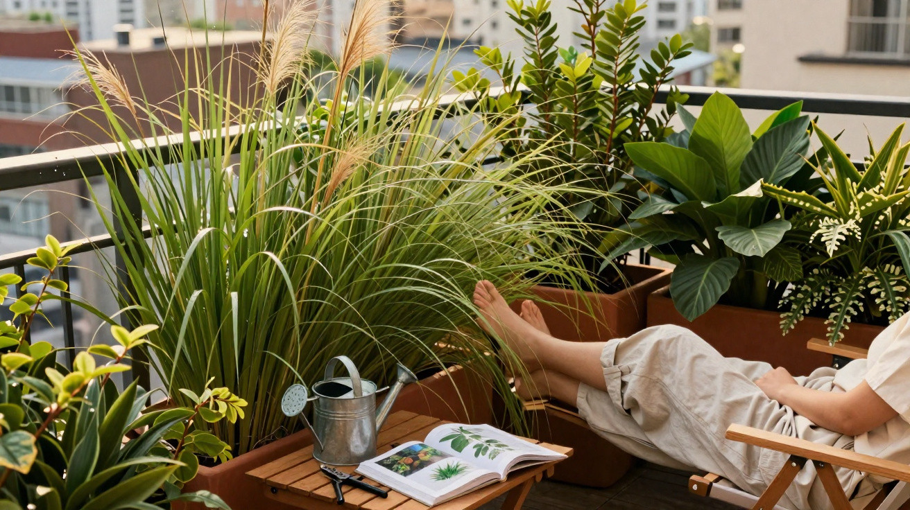 Person entspannt sich mit hochgelegten Beinen auf Balkon mit vielen grünen Pflanzen und aufgeklapptem Buch.