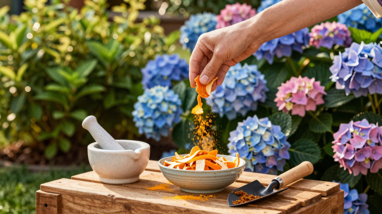 Hand zerreibt Orangenschale über Schale mit Orangenschalen, Mörser und Gartenspaten vor blühenden Hortensien.