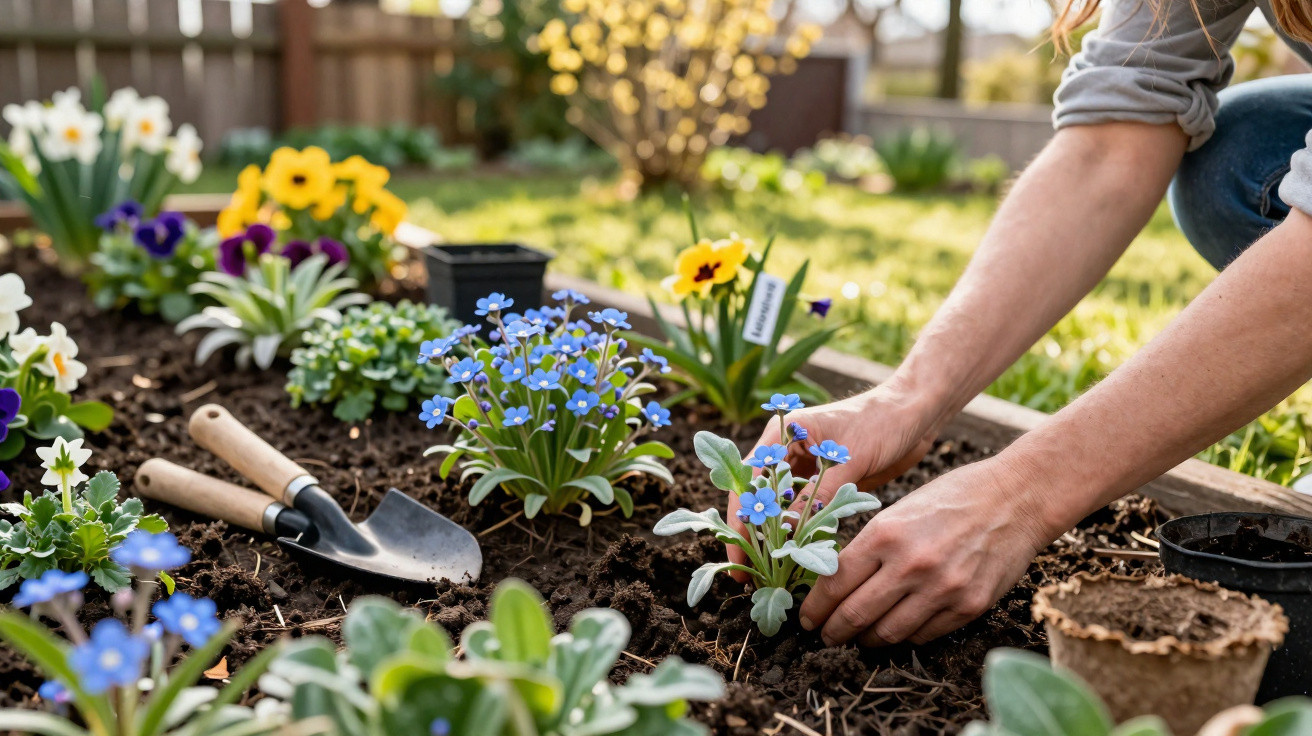 Person pflanzt blaue Blumen in einem Beetanbau mit Gartengeräten und bunten Blumen im Frühling.