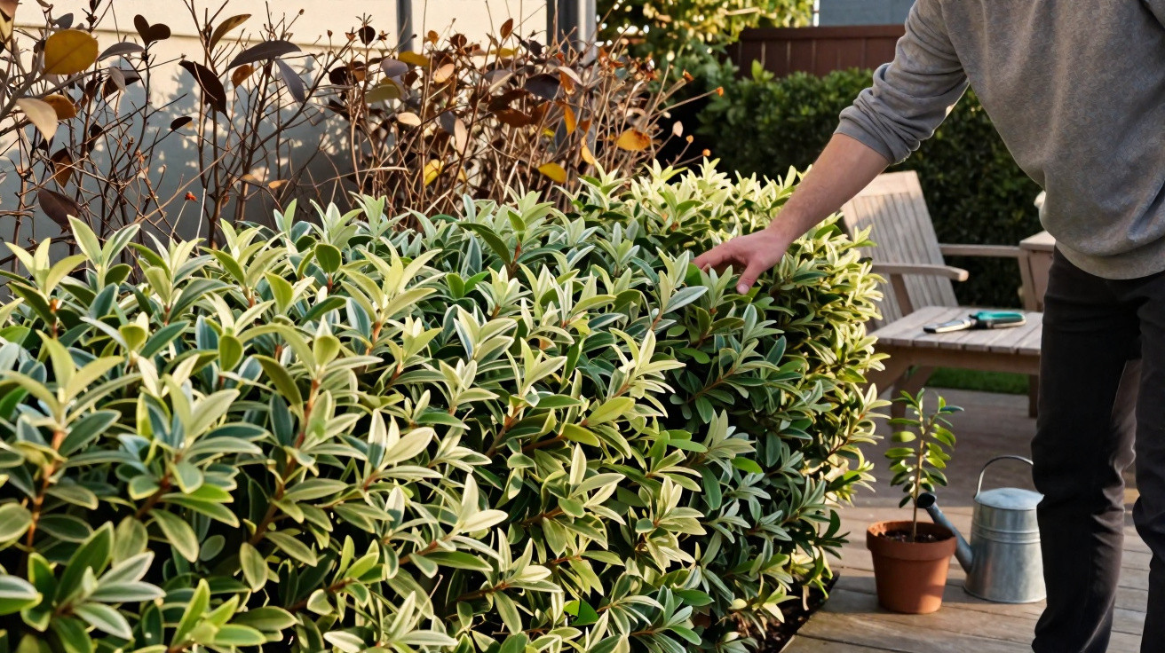 Person kontrolliert eine gesunde, grün-weiße Hecke auf einer Terrasse bei Sonnenschein.