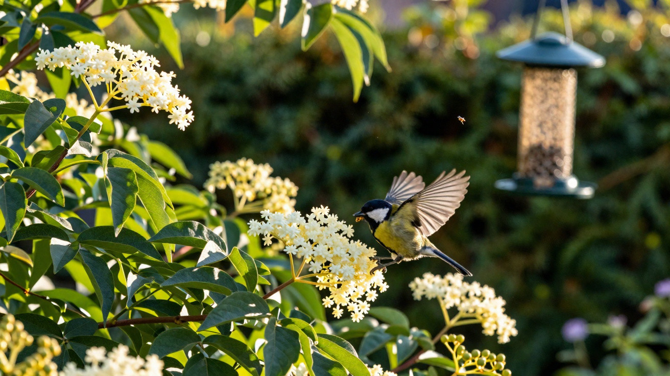 Kohlmeise im Flug an weißen Blüten eines Strauchs vor Vogelfutterspender im Garten.