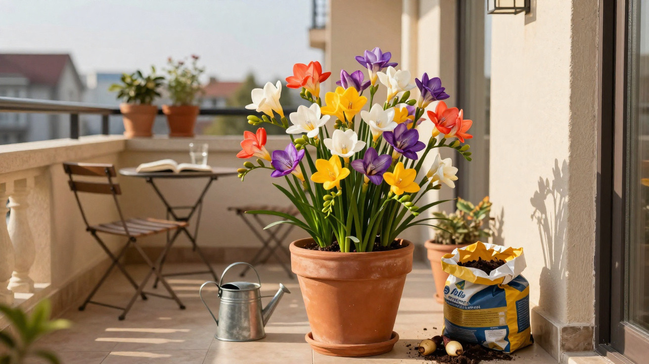 Bunter Blumentopf mit Narzissen auf sonnigem Balkon, daneben Gießkanne und Blumenerde mit Zwiebeln.