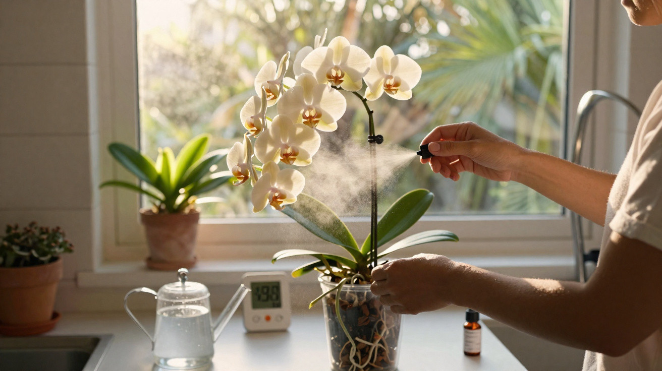 Person besprüht Orchideen mit Wasser vor einem sonnigen Fenster in der Küche.
