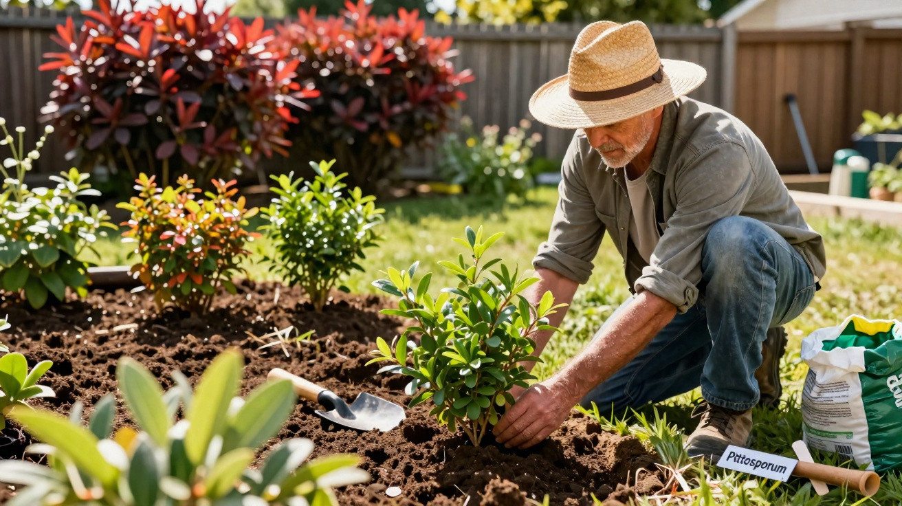 Älterer Mann mit Strohhut pflanzt Pittosporum-Strauch in einem sonnigen Gartenbeet.