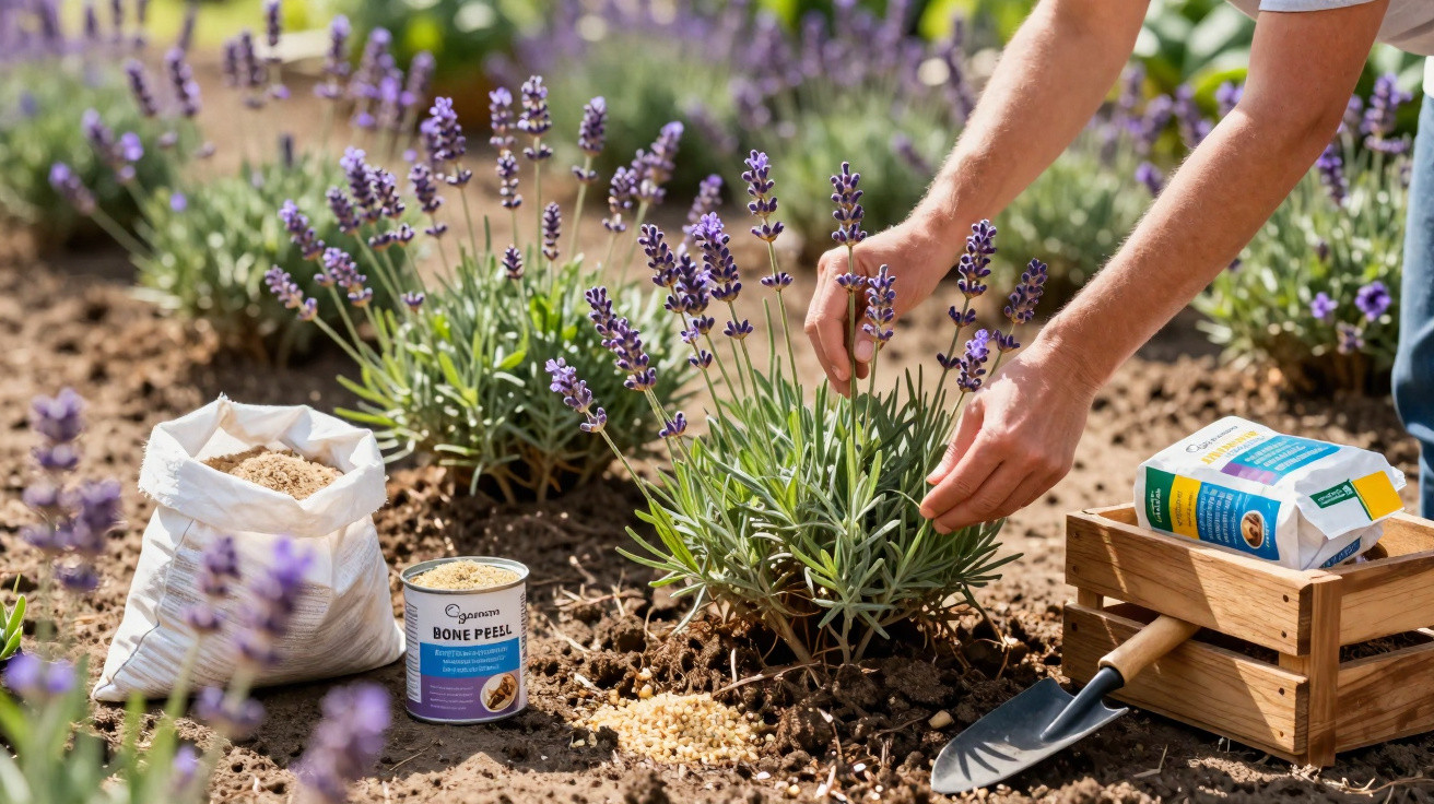 Person düngt Lavendelpflanzen im Garten, umgeben von Erde, Düngemitteln und Gartengeräten.