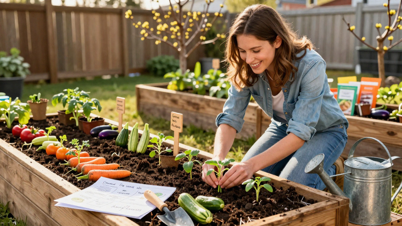 Frau pflanzt Gemüse in Hochbeet im Garten an sonnigem Tag mit Gießkanne und Pflanzanleitung neben ihr.