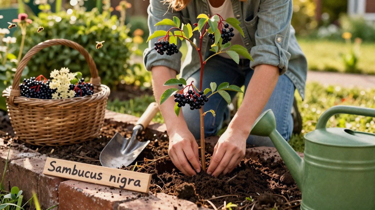 Person pflanzt einen Schwarzen Holunder (Sambucus nigra) im Garten neben Gießkanne und Korb mit Beeren.