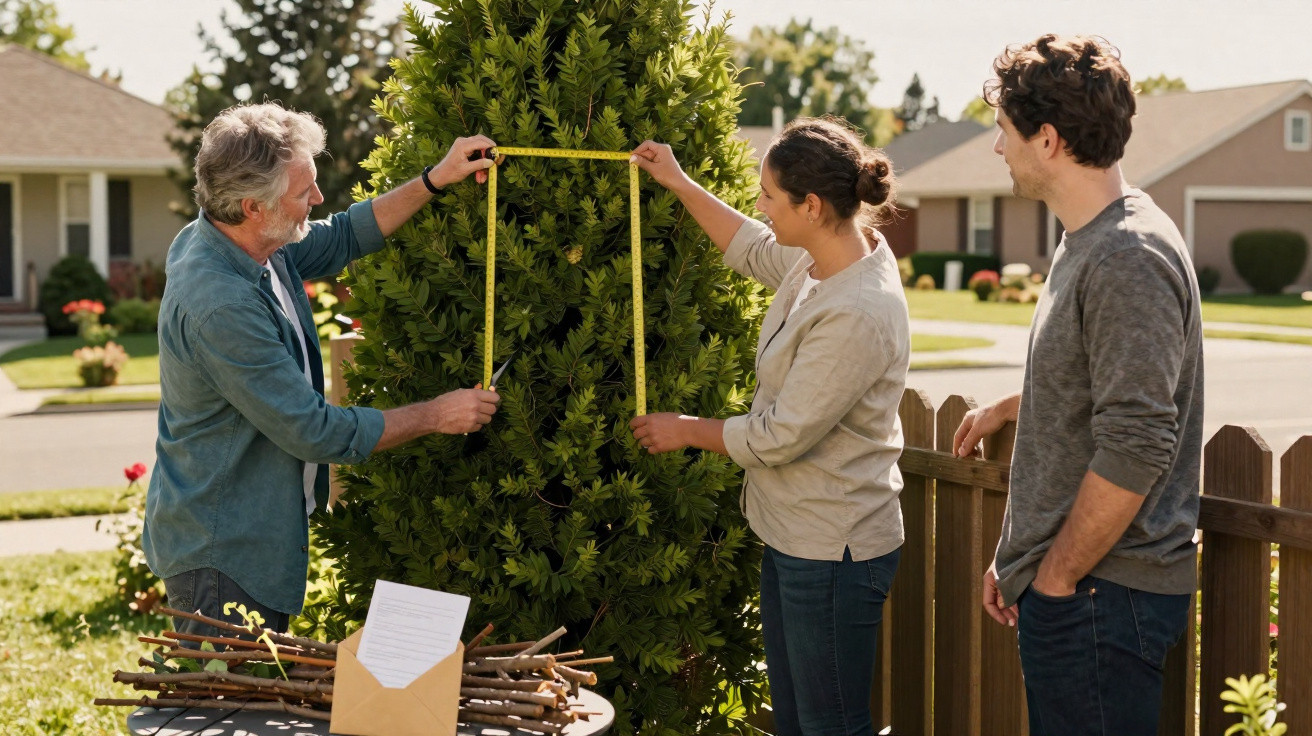 Drei Personen messen Baum mit Bandmaß im Garten, im Vordergrund Tisch mit Umschlag und Ästen.
