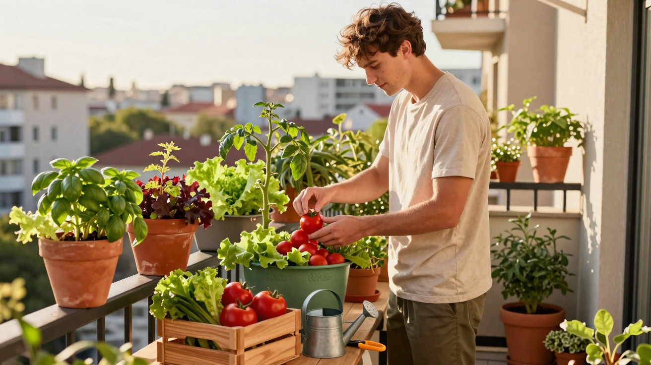 Junger Mann erntet Tomaten auf einem Balkon mit verschiedenen Topfpflanzen und Kräutern.