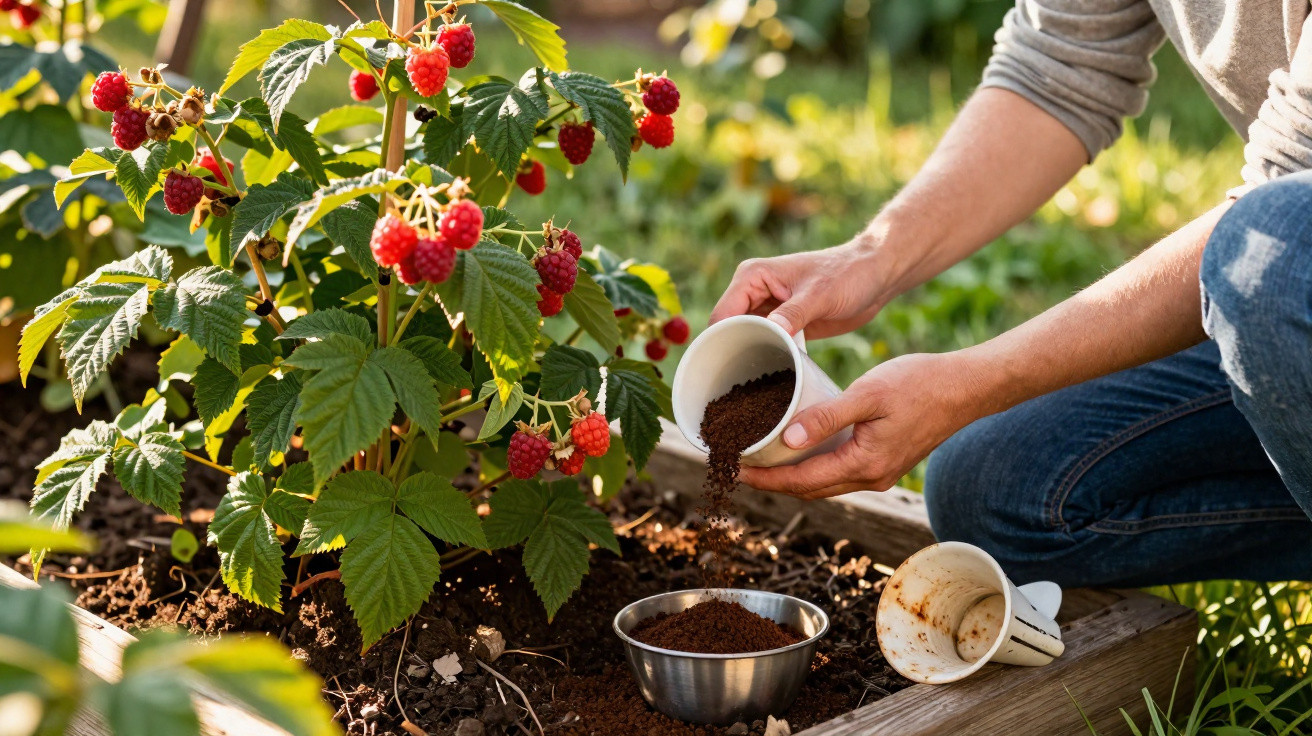 Person streut Kaffeemehl als Dünger auf Brombeersträucher in einem Hochbeet bei Sonnenschein.