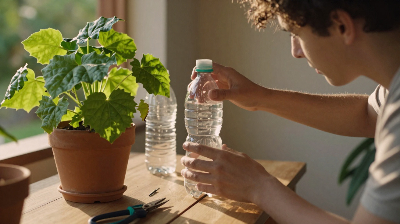 Mann gießt Topfpflanze mit Wasser aus Plastikflasche auf Holztisch bei Tageslicht.
