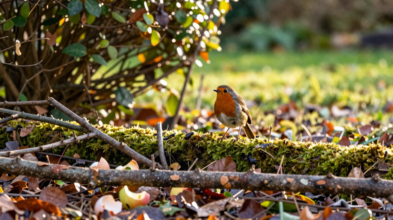 Rotkehlchen sitzt auf moosbedecktem Ast im Herbstlaub vor grünen Büschen im Sonnenlicht.