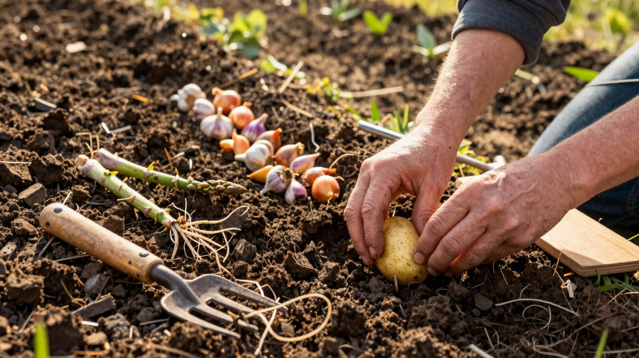 Person pflanzt Kartoffel in einen Garten mit Zwiebeln, Spargel und Gartenhacke im Boden.