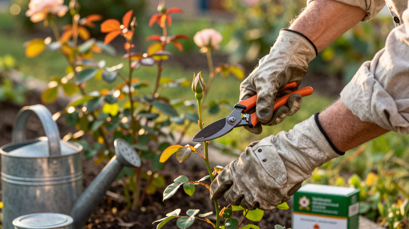 Gärtner schneidet mit Handschuhen eine Rosenknospe im Garten, daneben Gießkanne und Dünger.