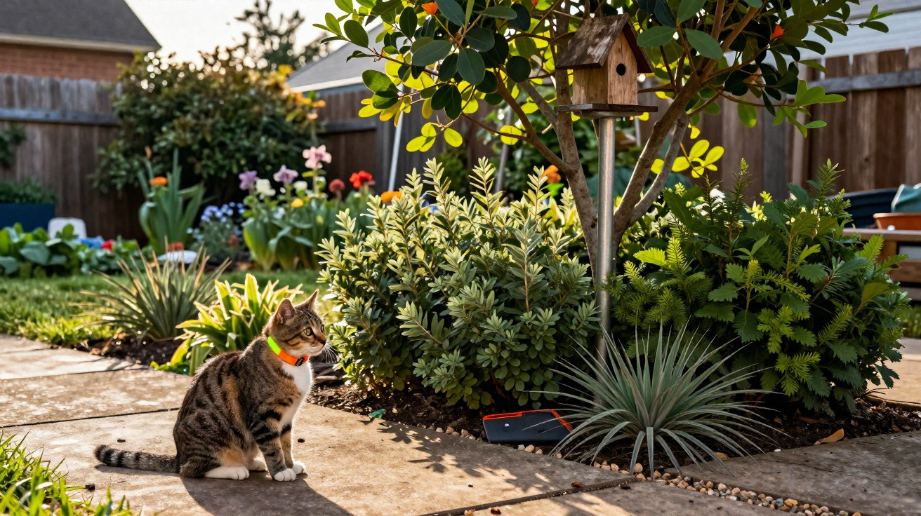 Katze mit orangefarbenem Halsband sitzt auf Gartenweg neben grünen Sträuchern und Vogelhaus.