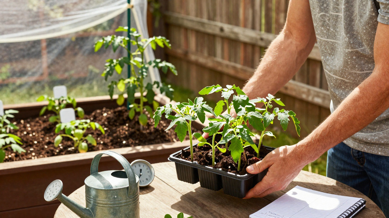Person pflanzt Tomatensetzlinge in Pflanzkasten im Garten, daneben Gießkanne und Notizbuch auf Tisch