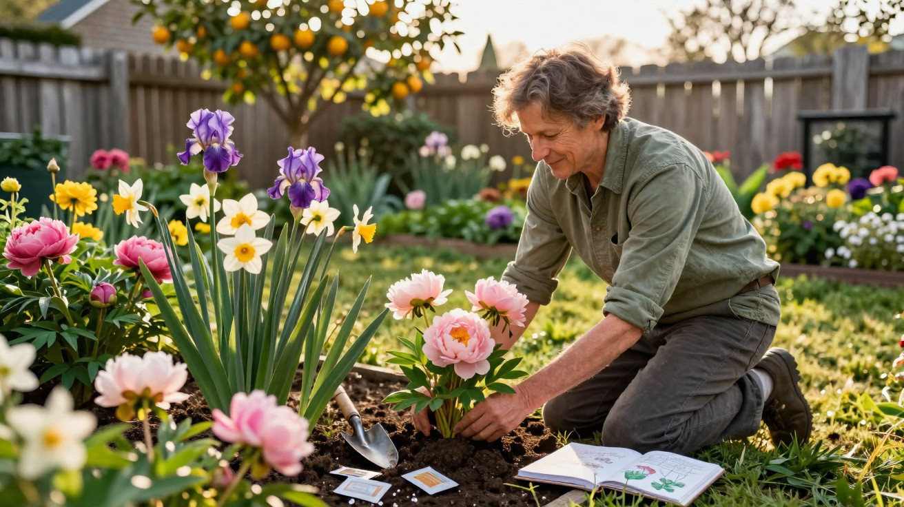 Mann pflanzt Blumen im sonnigen Garten mit verschiedenen bunten Blüten und Pflanzskizzen.