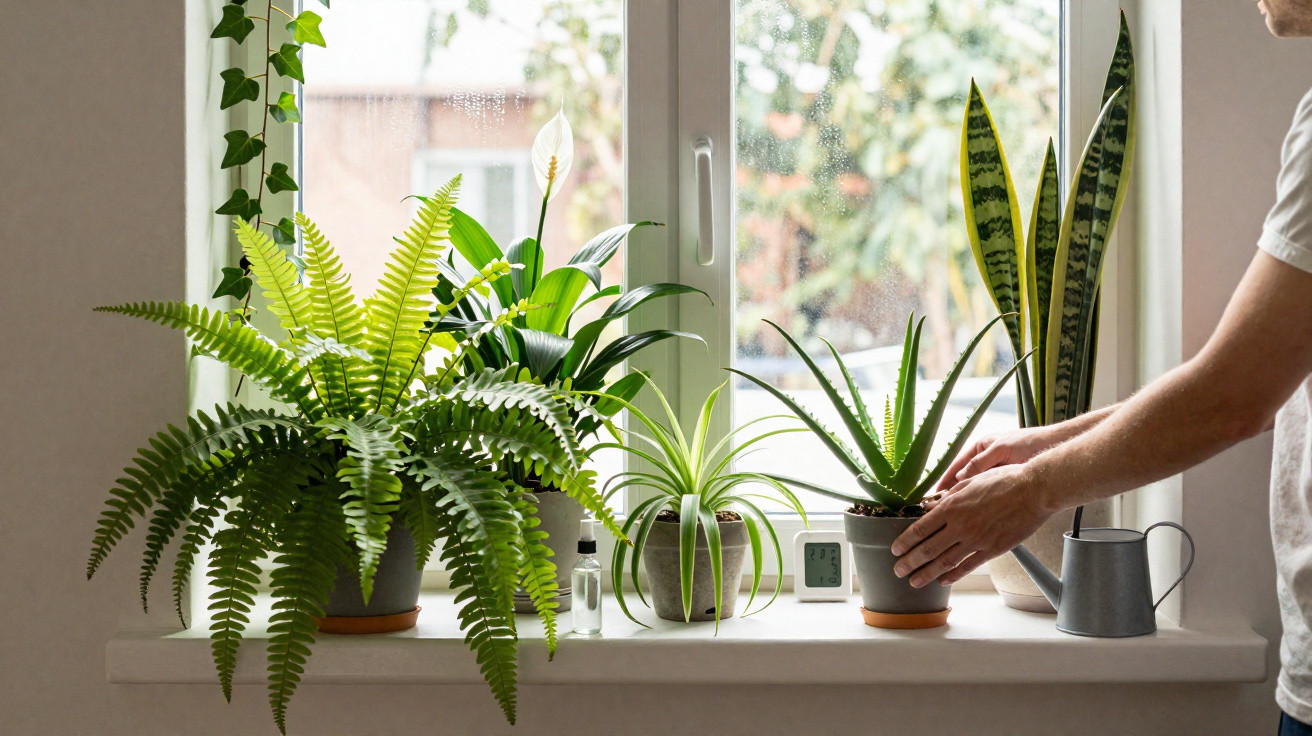 Verschiedene Zimmerpflanzen auf Fensterbank, Person gießt Aloe Vera, Regentropfen an Fensterscheibe.