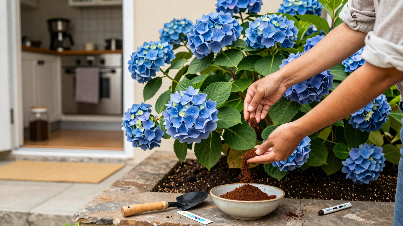Person gibt Erde in Schale neben blühender Hortensie vor Hauseingang auf Steinfläche.