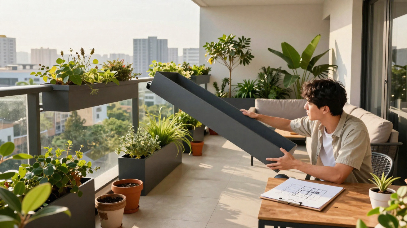 Junger Mann richtet Pflanzen auf Balkon mit Blick auf Stadthäuser und Hochhäuser im Hintergrund.