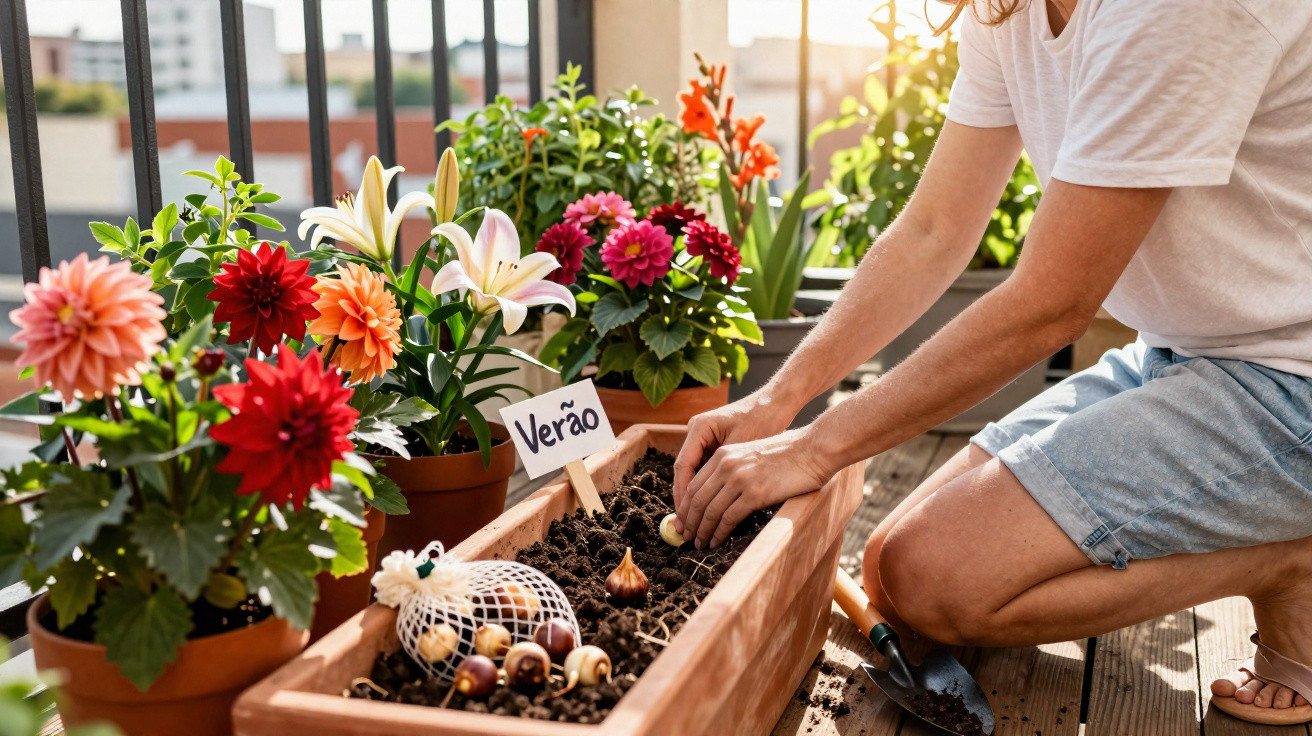 Person pflanzt Blumenzwiebeln in Blumenkasten auf Balkon mit bunten Blumentöpfen und Gartengerät.