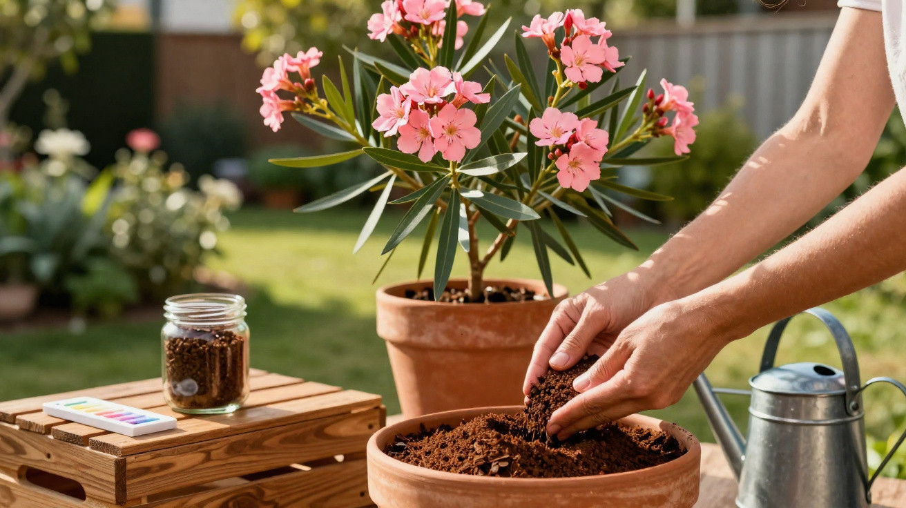 Person gießt Blumenerde in einen Topf neben einem Oleander mit pinken Blüten im Garten.