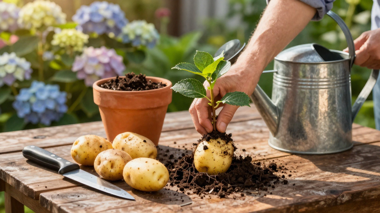 Hand pflanzt Kartoffelpflanze mit grünen Blättern in Erde auf Holzterrasse neben Messer und Gießkanne.