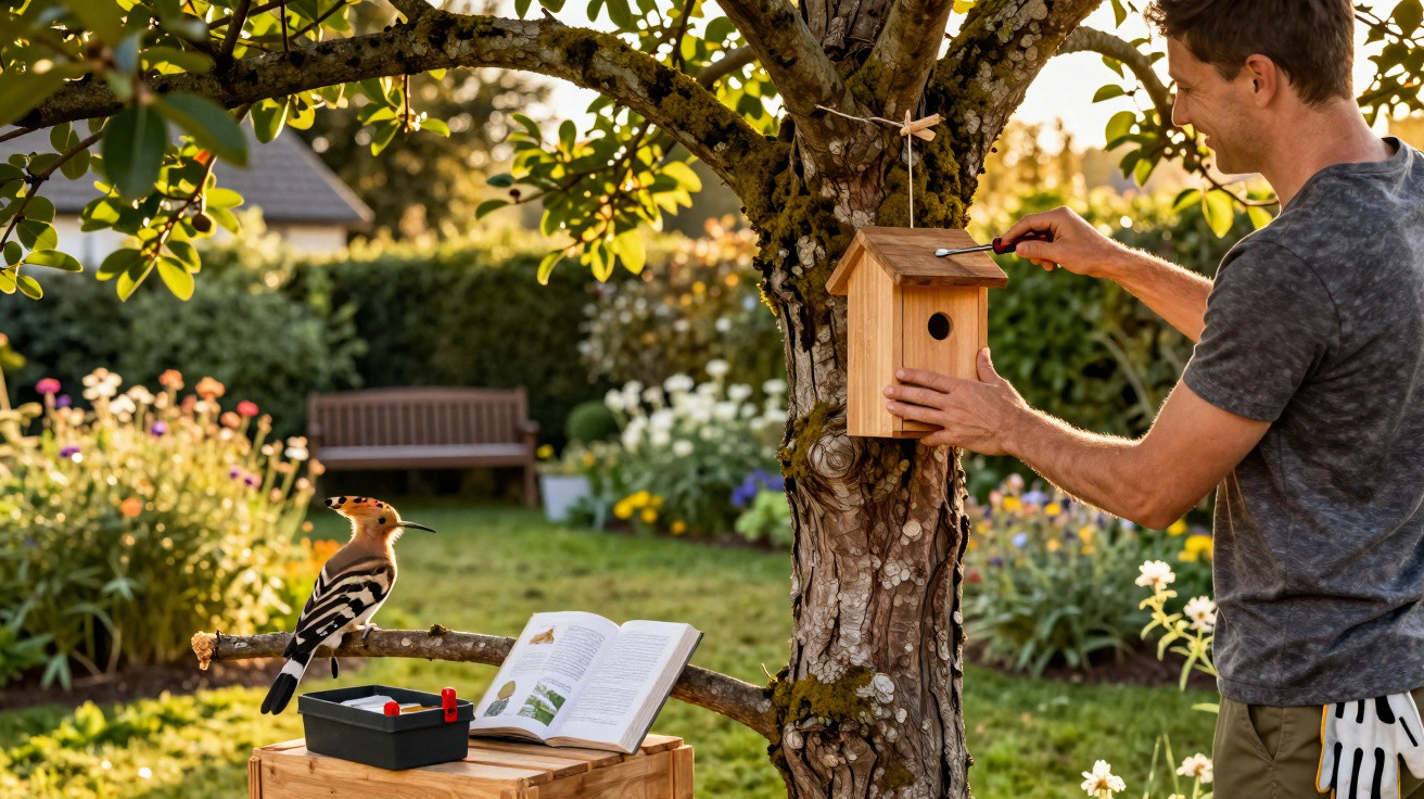 Mann montiert einen Vogelkasten an einem Baum im sonnigen Garten, Vogel sitzt auf einem Ast daneben.