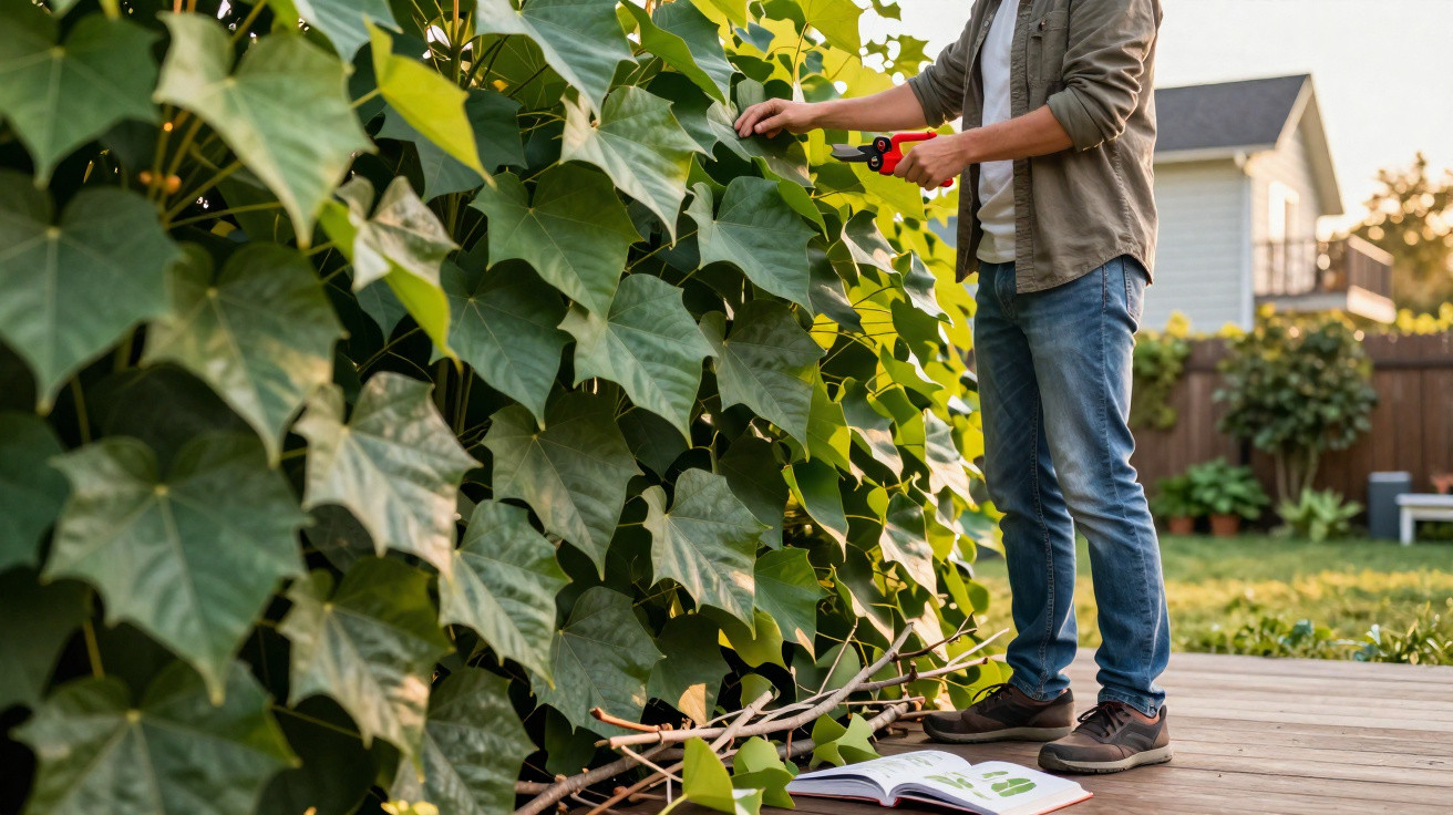 Person schneidet mit Gartenschere grüne Blätter eines hohen Strauchs im Garten zurück.