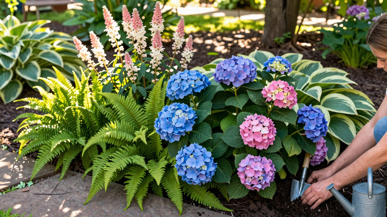 Bunte Hortensien, Farne und Stauden in einem sonnigen Garten beim Gärtnern im Boden eingesetzt.