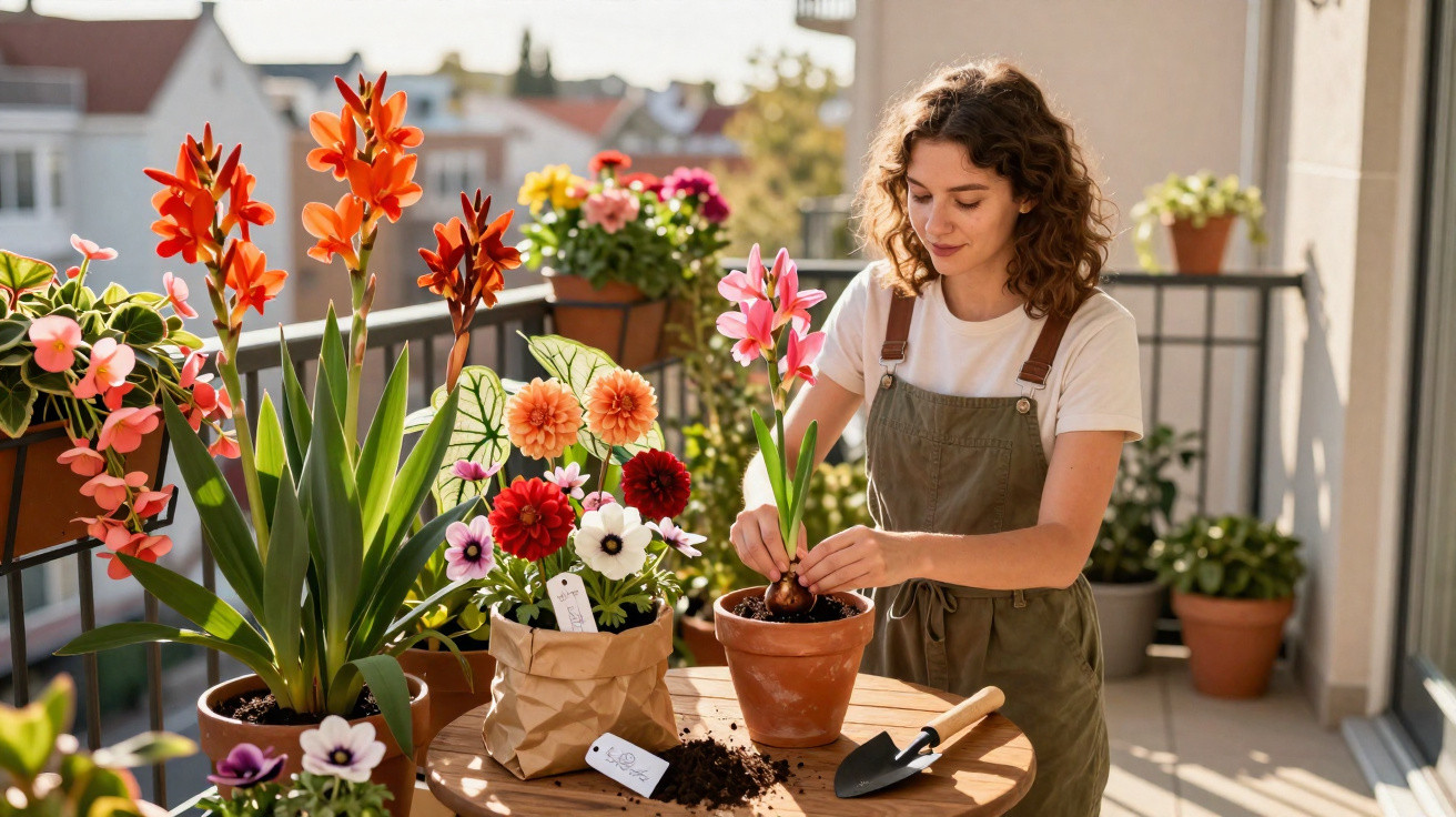 Junge Frau pflanzt Tulpenzwiebeln in Blumentopf auf sonnigem Balkon mit bunten Blumen und Gartengeräten.