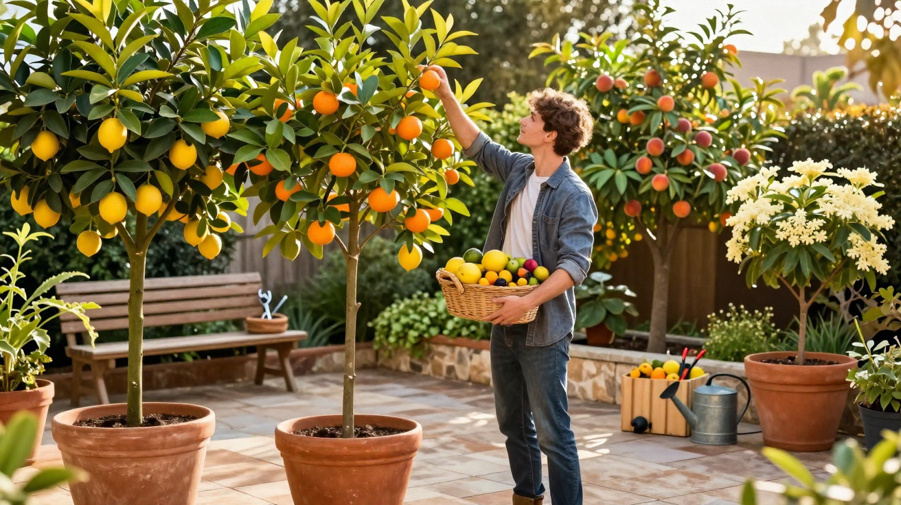 Junger Mann erntet Orangen von Bäumen in großen Töpfen auf sonniger Gartenterrasse.