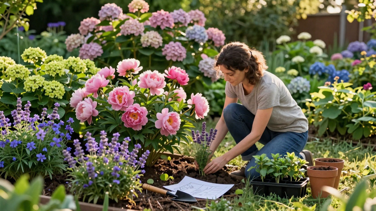 Frau pflanzt Blumen in einem bunten Garten mit rosa Pfingstrosen und blauen Hortensien bei Sonnenlicht.