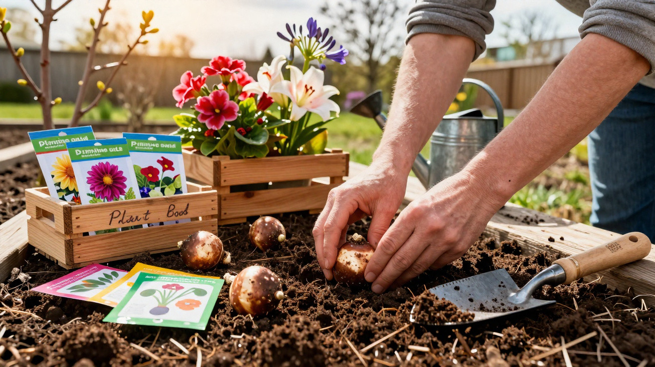 Person pflanzt Blumenzwiebeln in Erde, neben Samenpäckchen und blühenden Blumen in Holzkisten.