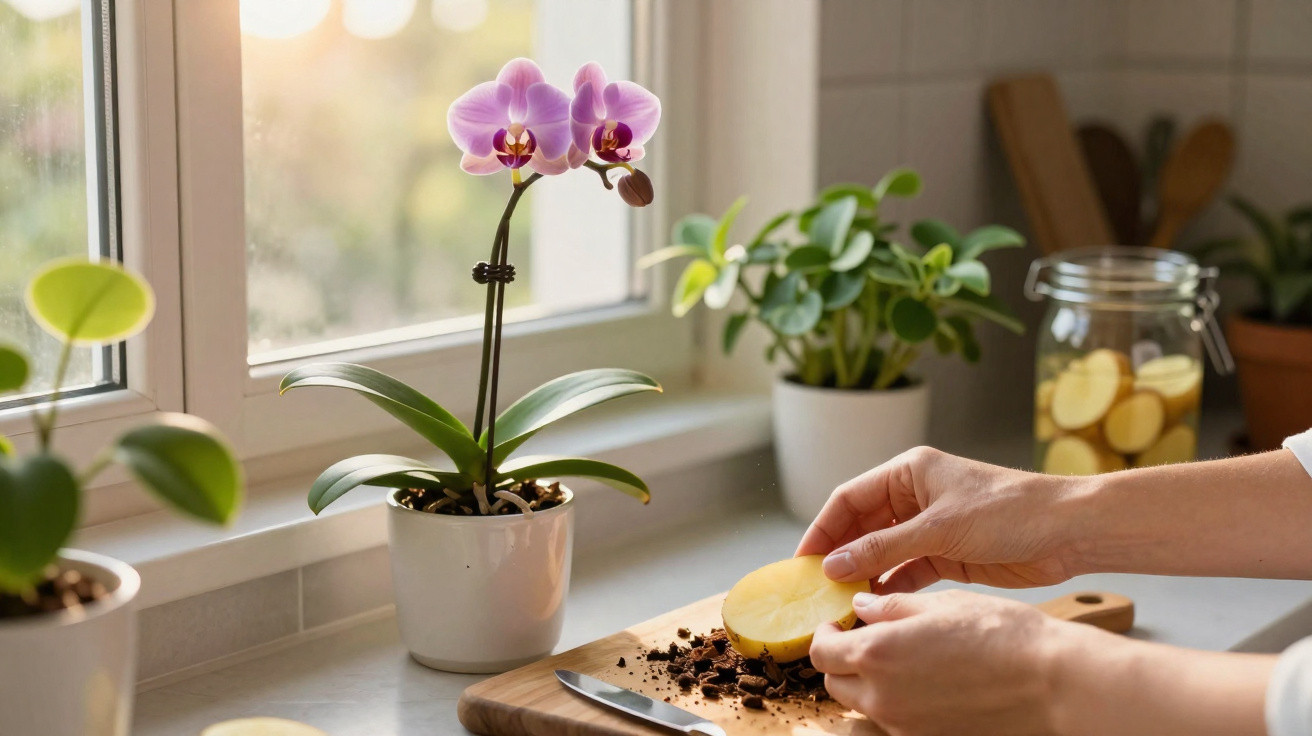 Hand schneidet Kartoffel auf Holzbrett neben Orchidee und anderen Pflanzen auf Fensterbank in Küche