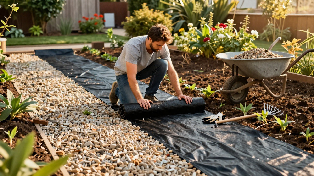 Mann verlegt Unkrautvlies im Garten neben Kiesweg, Schubkarre und Gartengeräten sichtbar.