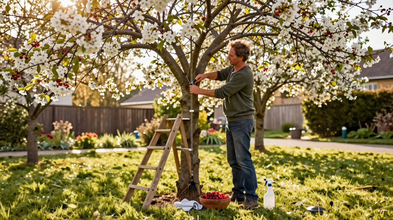Mann befestigt eine Leimfalle an blühendem Kirschbaum im Garten, neben Leiter und Sammelkorb mit Kirschen.