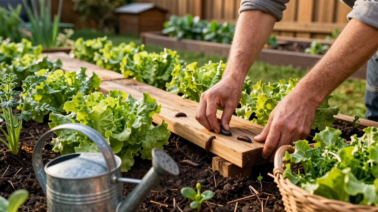 Person pflanzt Salatsetzlinge in einem Hochbeet im Garten, Gießkanne und Korb mit Salatblättern daneben.