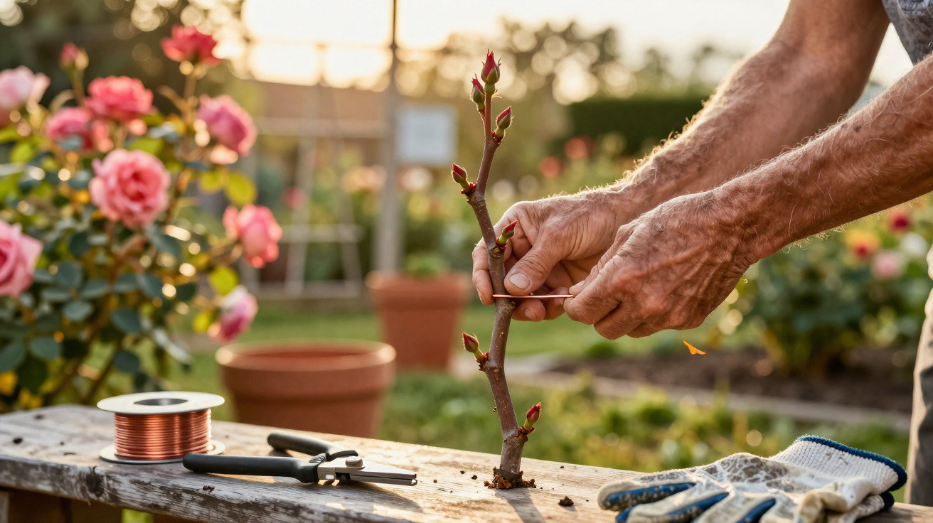 Ältere Person bindet einen Rosenstock mit Draht auf einem Holztisch im Garten bei Sonnenlicht.