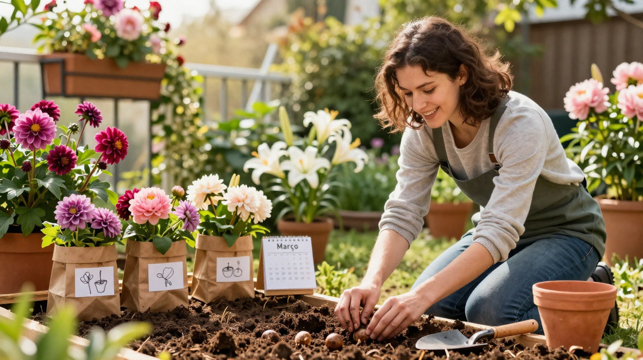 Frau pflanzt Blumenzwiebeln im Garten, umgeben von bunten Blumen und Töpfen an einem sonnigen Tag.