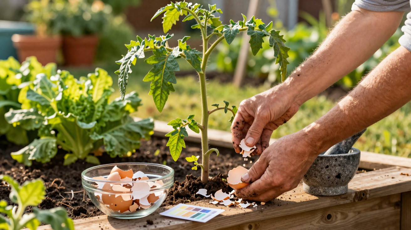 Hände streuen Eierschalen als natürlichen Dünger um eine Tomatenpflanze in einem Hochbeet im Garten.
