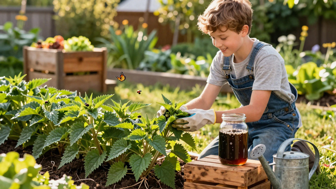 Junge arbeitet im Garten, zieht Brennnesseln, umgeben von Pflanzen, Schmetterling und Gießkanne.
