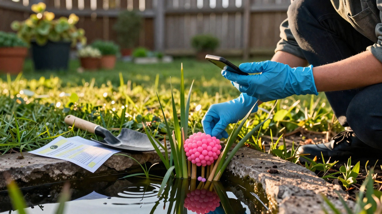 Person mit blauen Handschuhen überprüft eine pinke Kugel im Gartenteich bei Sonnenlicht.