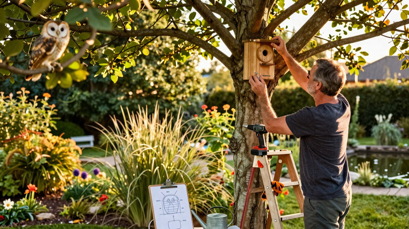 Mann montiert Nistkasten an Baum, Eule sitzt auf Ast, Garten mit Blumen und Teich im Hintergrund.