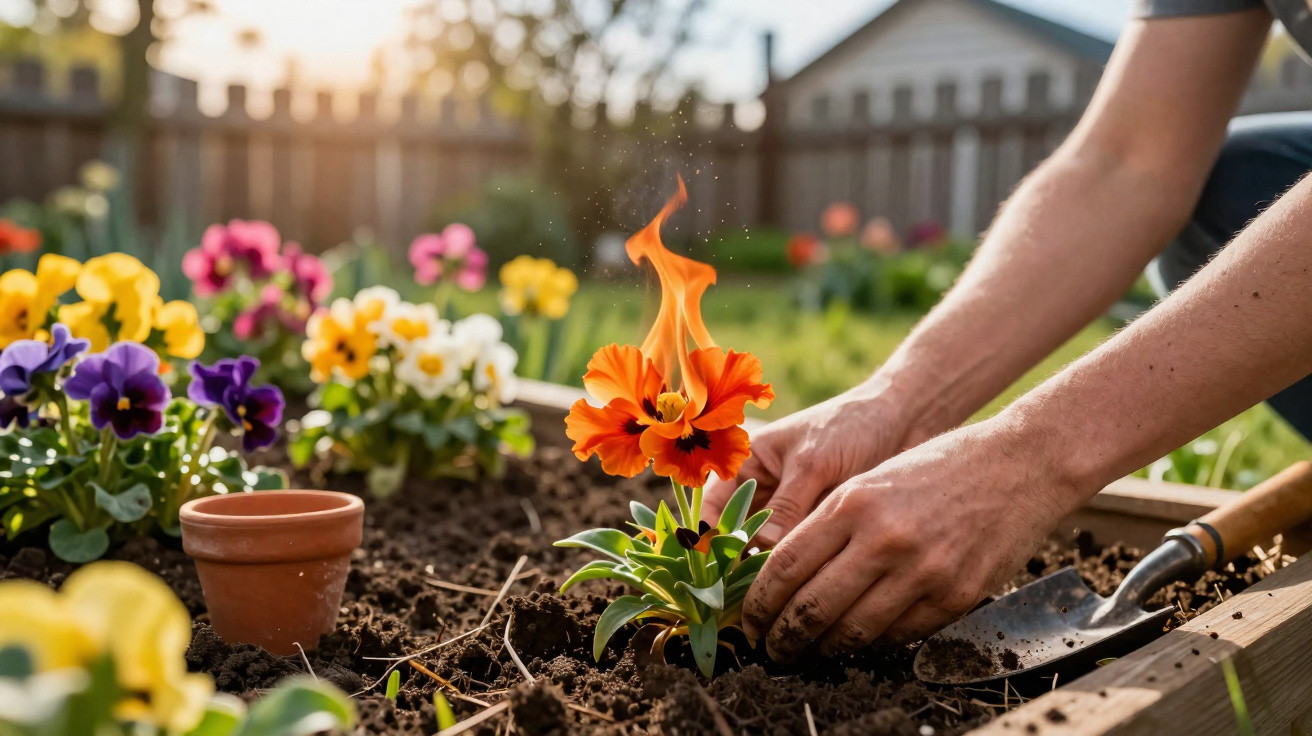 Gärtner pflanzt Blume in Erde, Flamme schlägt aus der orangefarbenen Blüte im Sonnenlicht.