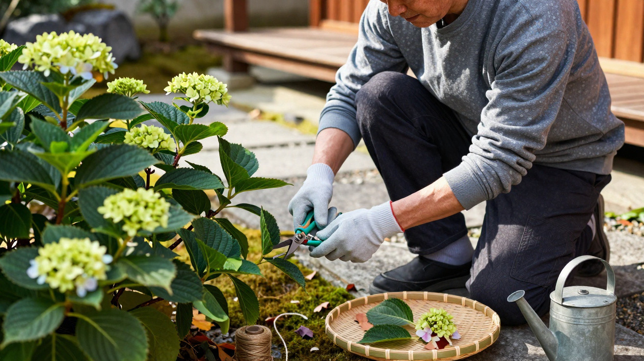 Mann schneidet im Garten mit Handschuhen Zweige von Hortensienpflanze, Gießkanne und Schale liegen daneben.