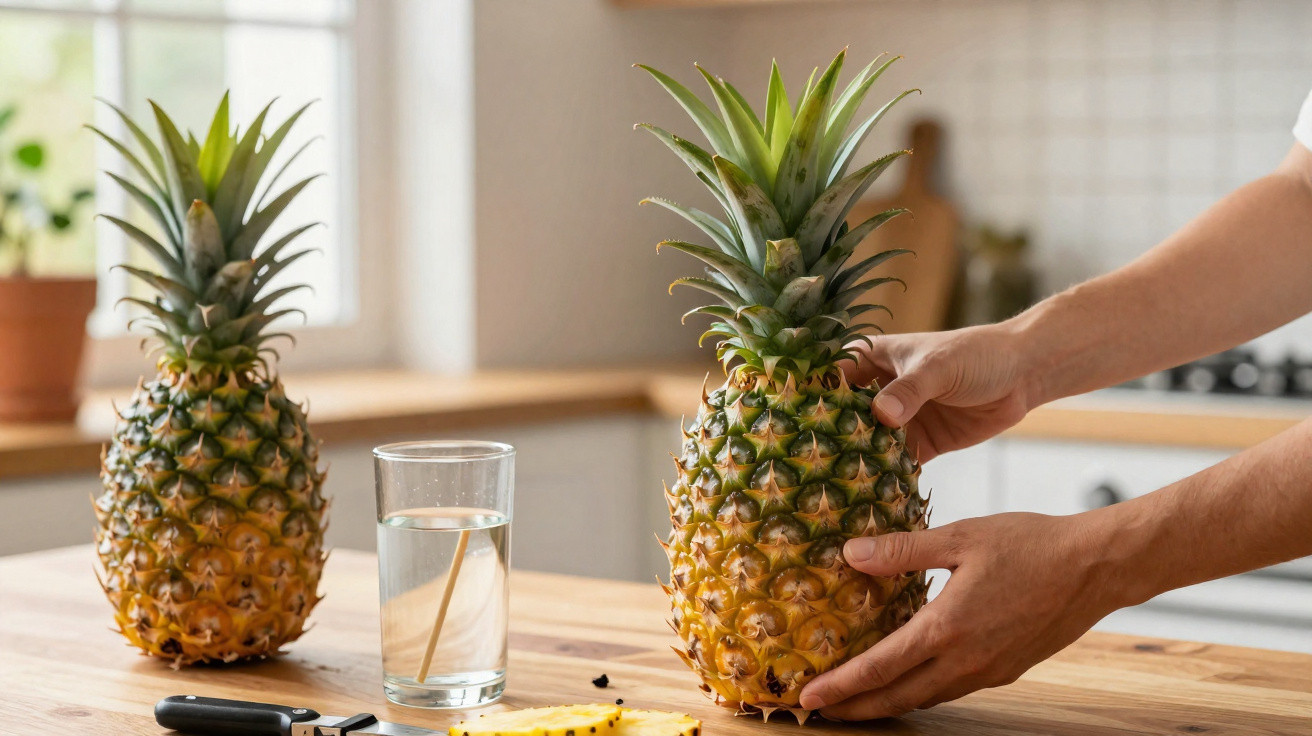 Zwei Ananas auf Holztisch, eine wird von Händen gehalten, Glas Wasser, Messer und Ananasstücke zu sehen.